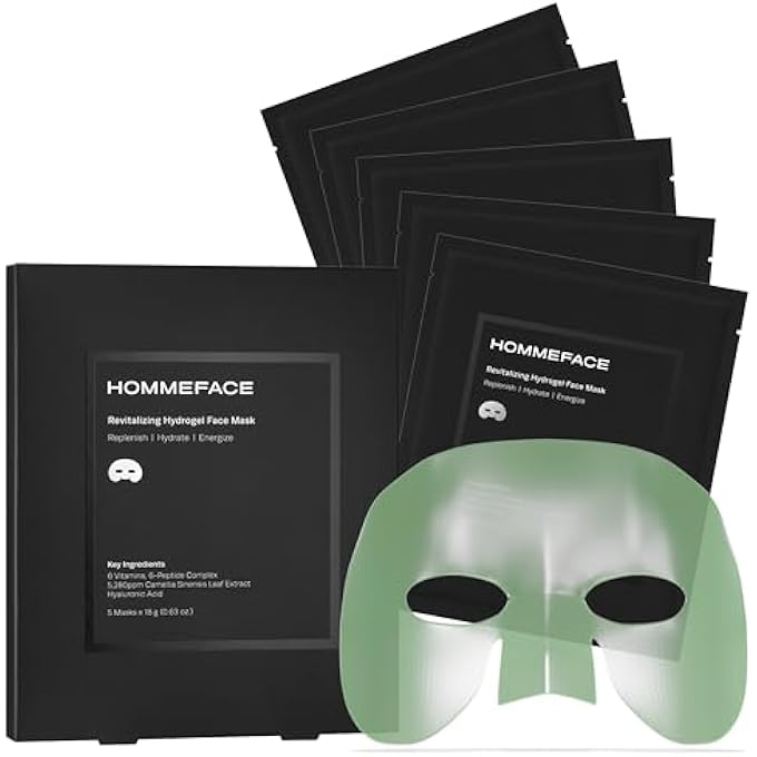 HOMMEFACE REVITALIZING HYDROGEL FACIAL MASK SET FOR MEN (5CT) - HYDRATING, ANTI-AGING & SOOTHING FACE SHEET MASK WITH HYALURONIC ACID, VITAMIN B, C, E & PEPTIDES, BEARD-FRIENDLY - Image 1